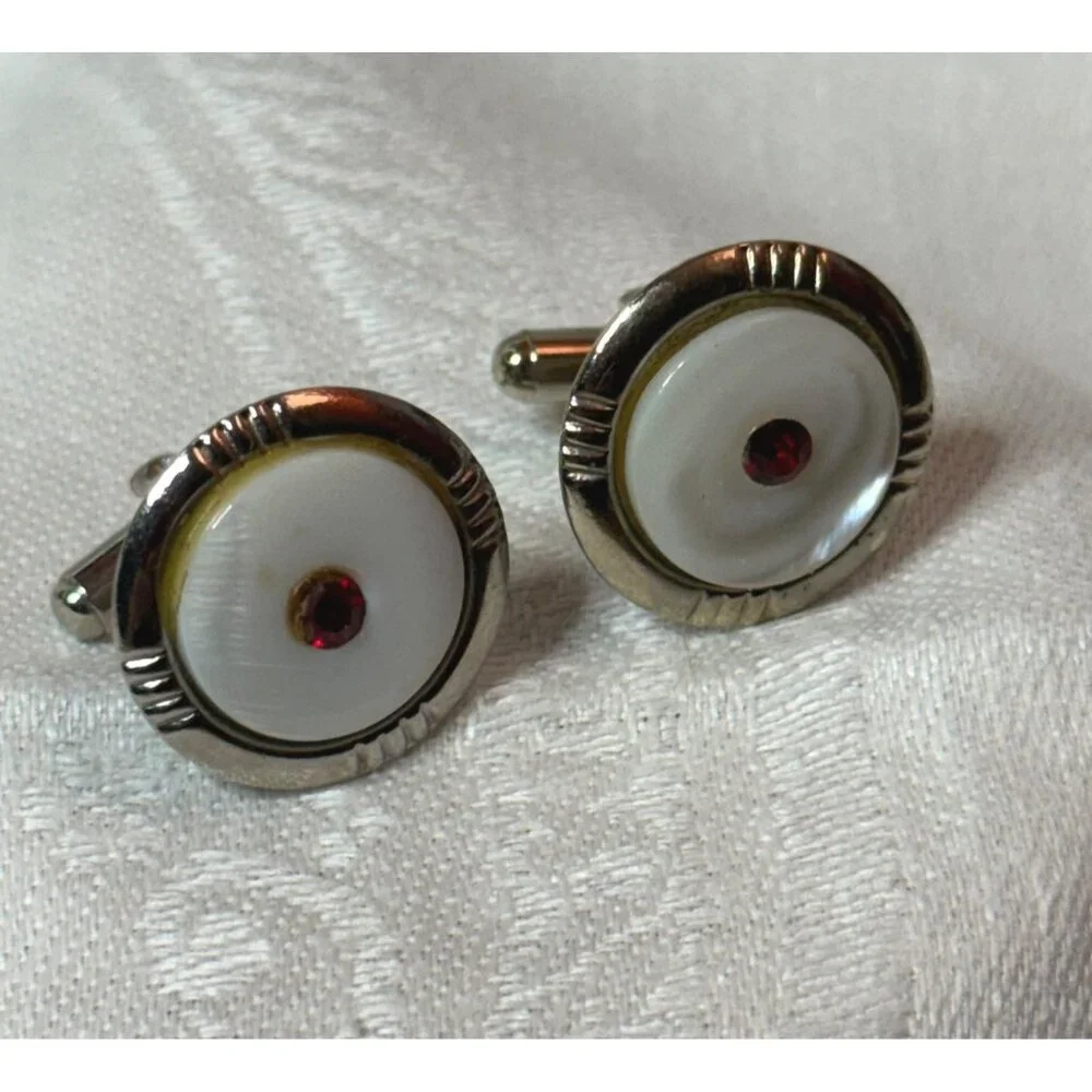 Vintage Silver-Tone Cuff Links Round White Lucite Red Rhinestone